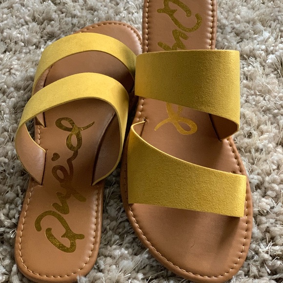 Athena Yellow Suede 2 Band Asymmetrical Sandal - Picture 2 of 3